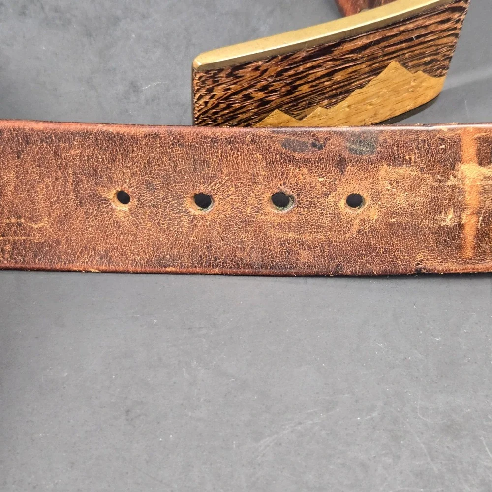 Kenneth Reid Albuquerque Brass Wood Mountain Inlay Leather Belt Vintage Brown